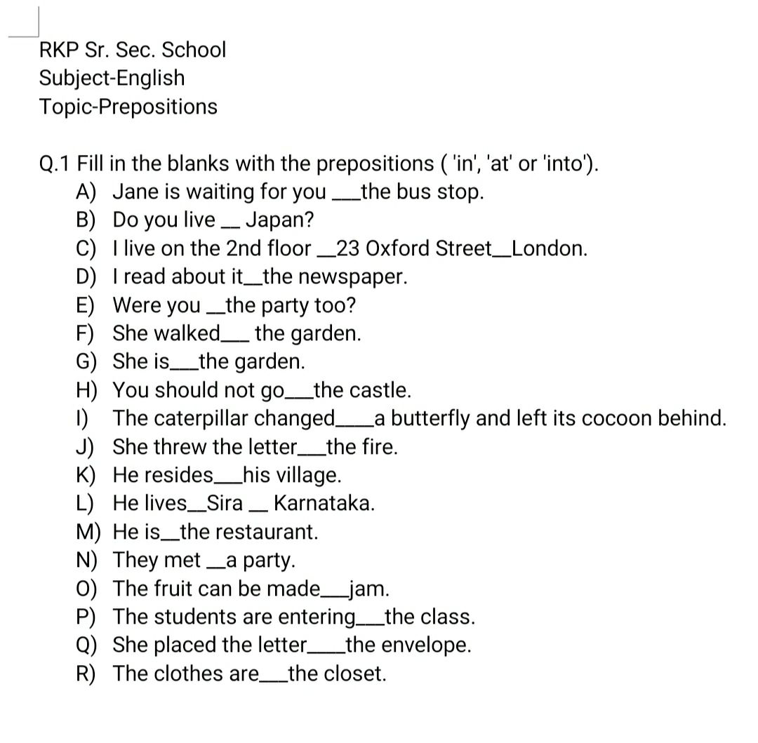 Prepositions English Assignment Teachmint 9534