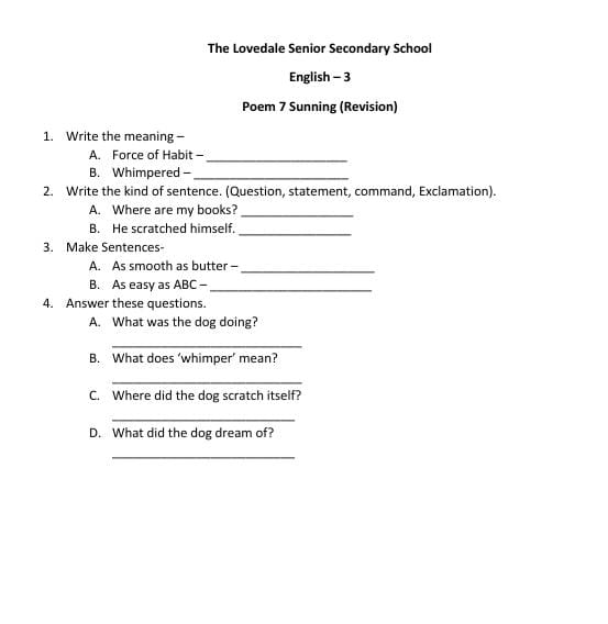 Poem 7 Sunning Revision English New Notes Teachmint