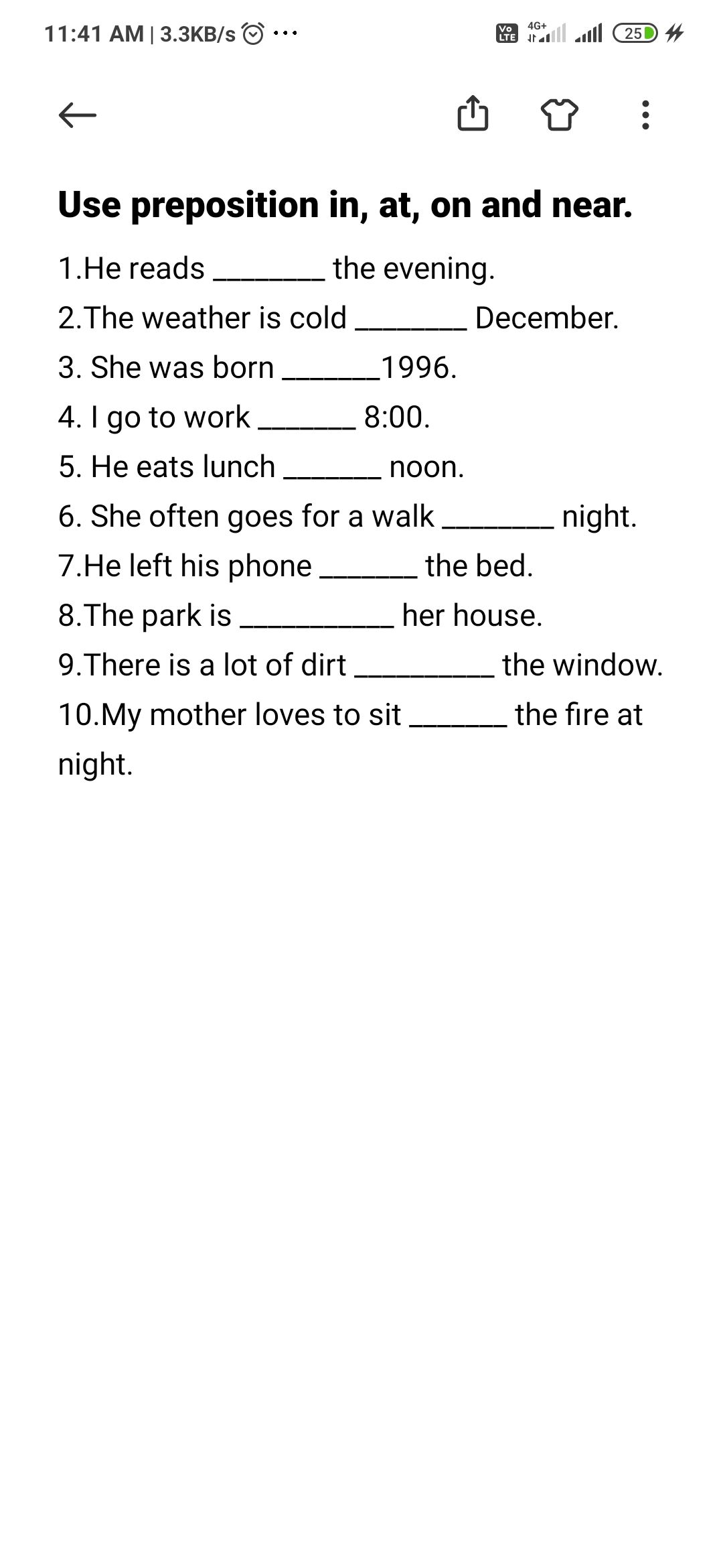 preposition assignment for class 7