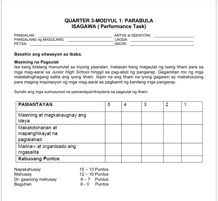 Q3-M1-Parabula - Filipino 9 - Assignment - Teachmint