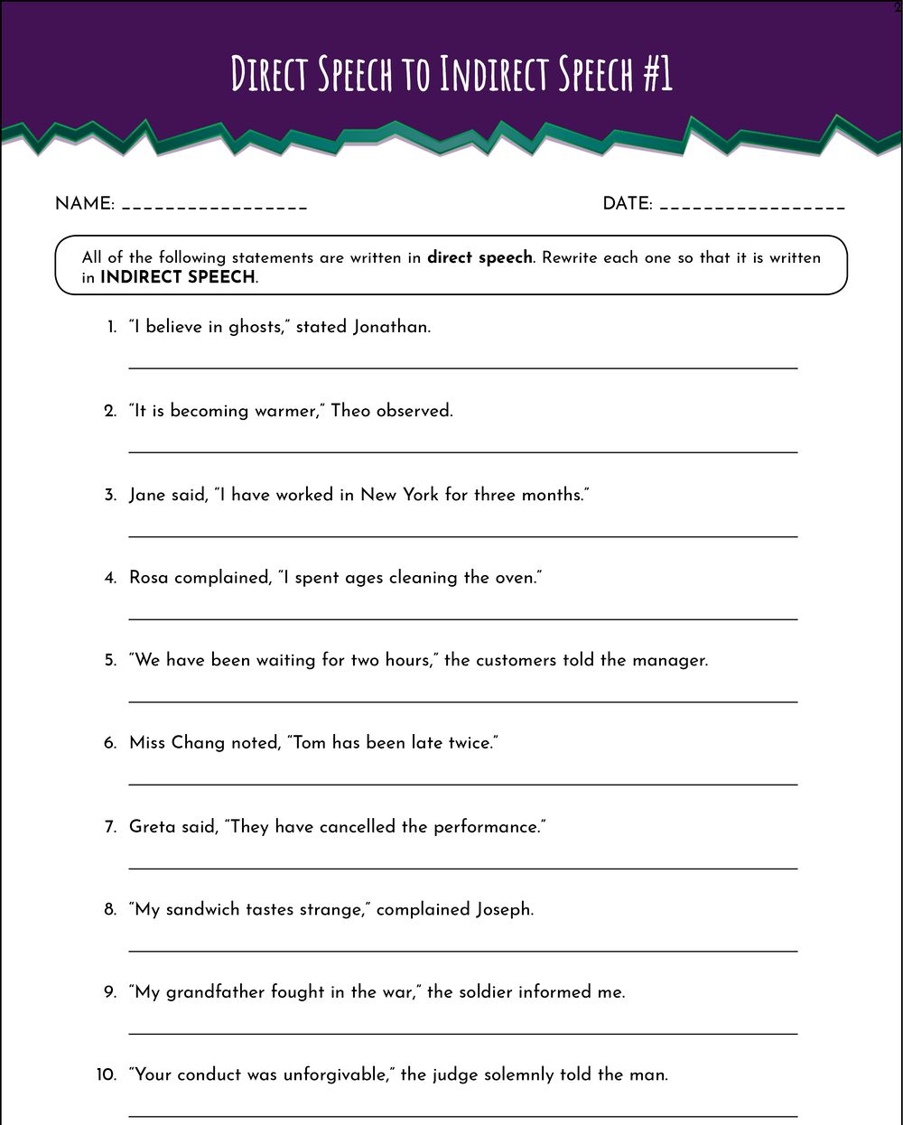 Direct And Indirect Speech ( Statements) - English - Assignment - Teachmint