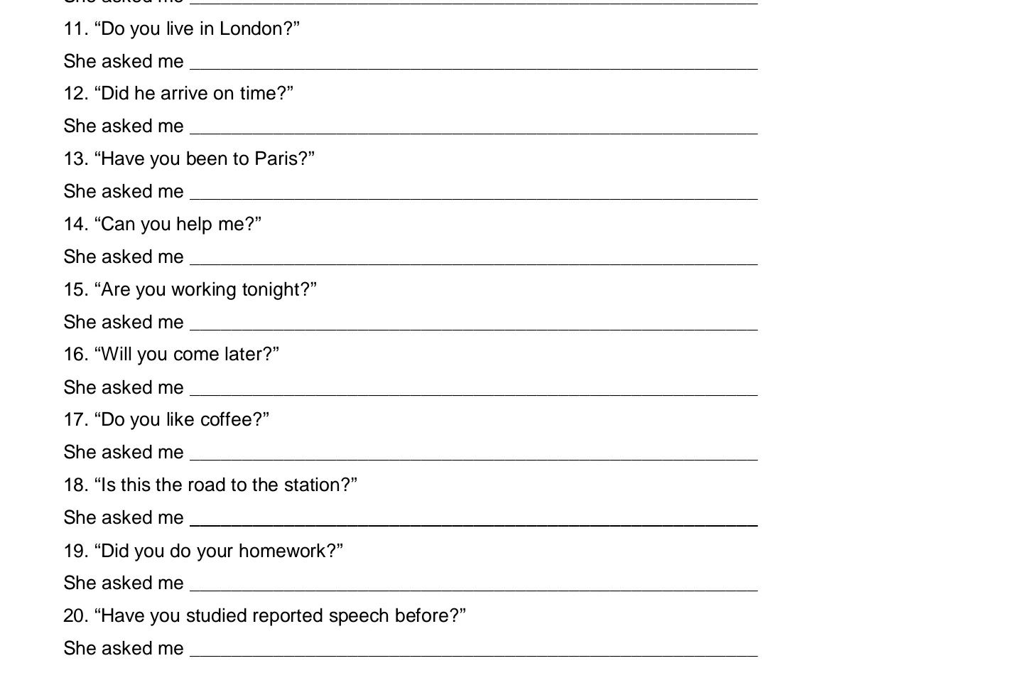 reported speech exercises interrogative