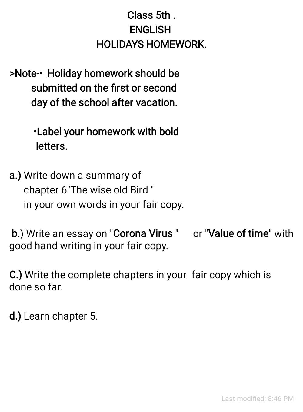 Holidays Homework English Notes Teachmint
