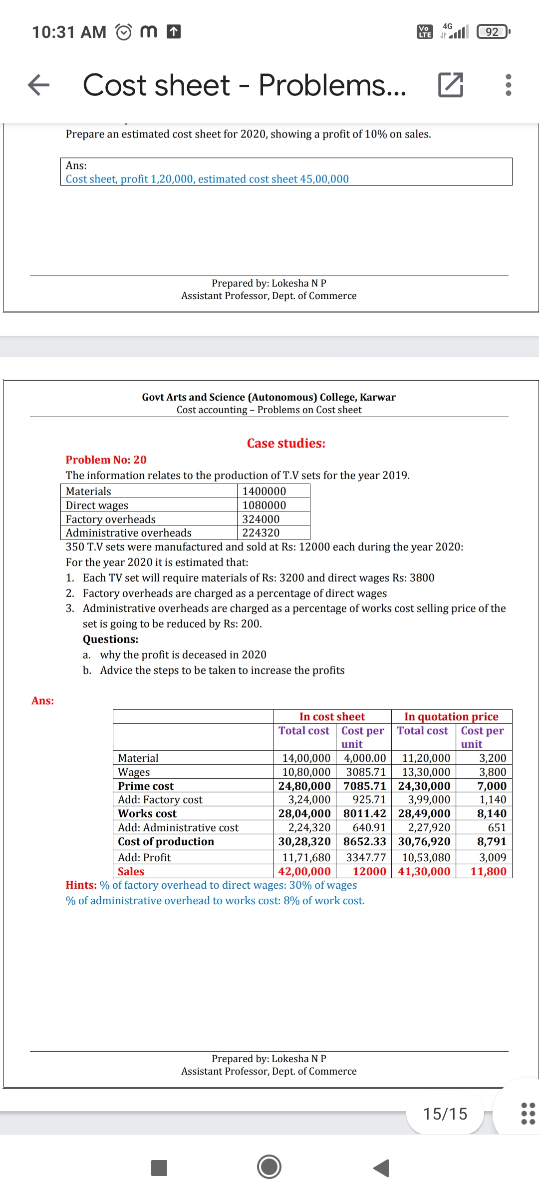 Casestudy Problem - Cost Accounting - Notes - Teachmint