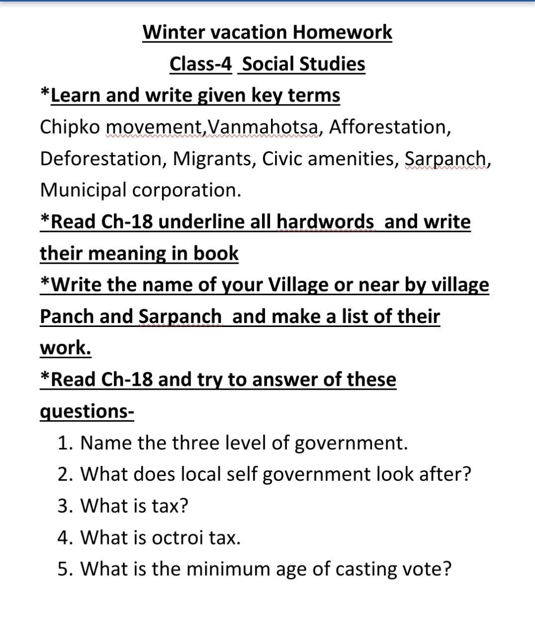 social studies holiday homework for class 4