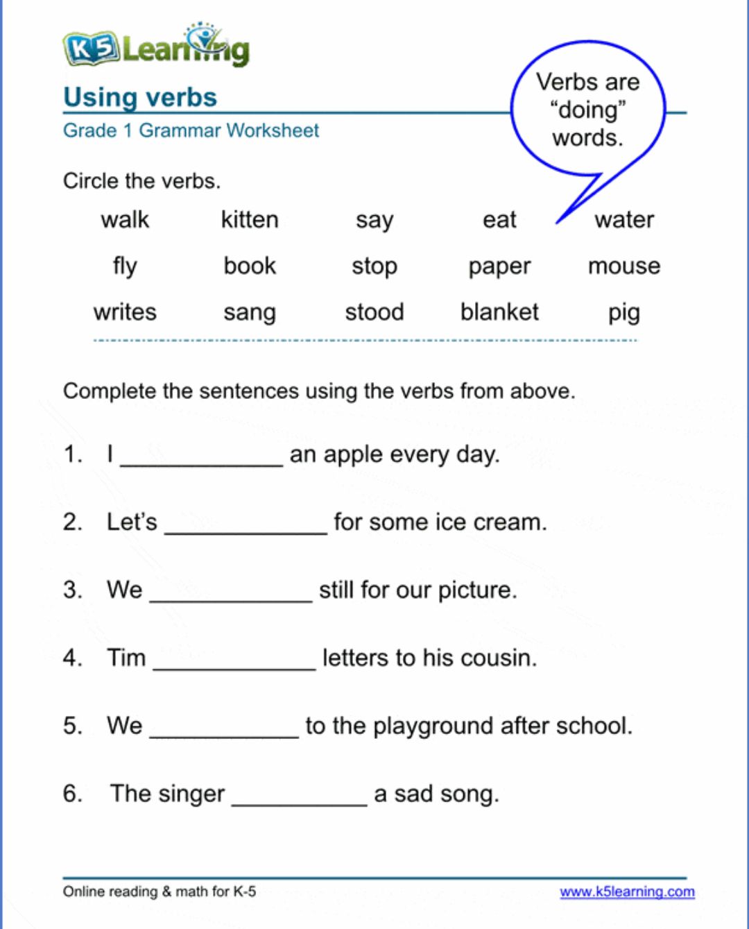 Grammar Worksheet Grade Verbs Pdf