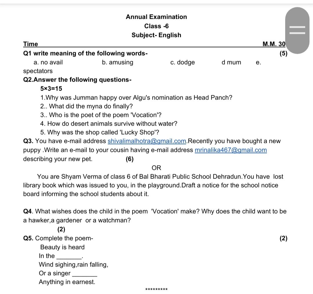 English Re-examination 6 - English - Subjective Test - Teachmint