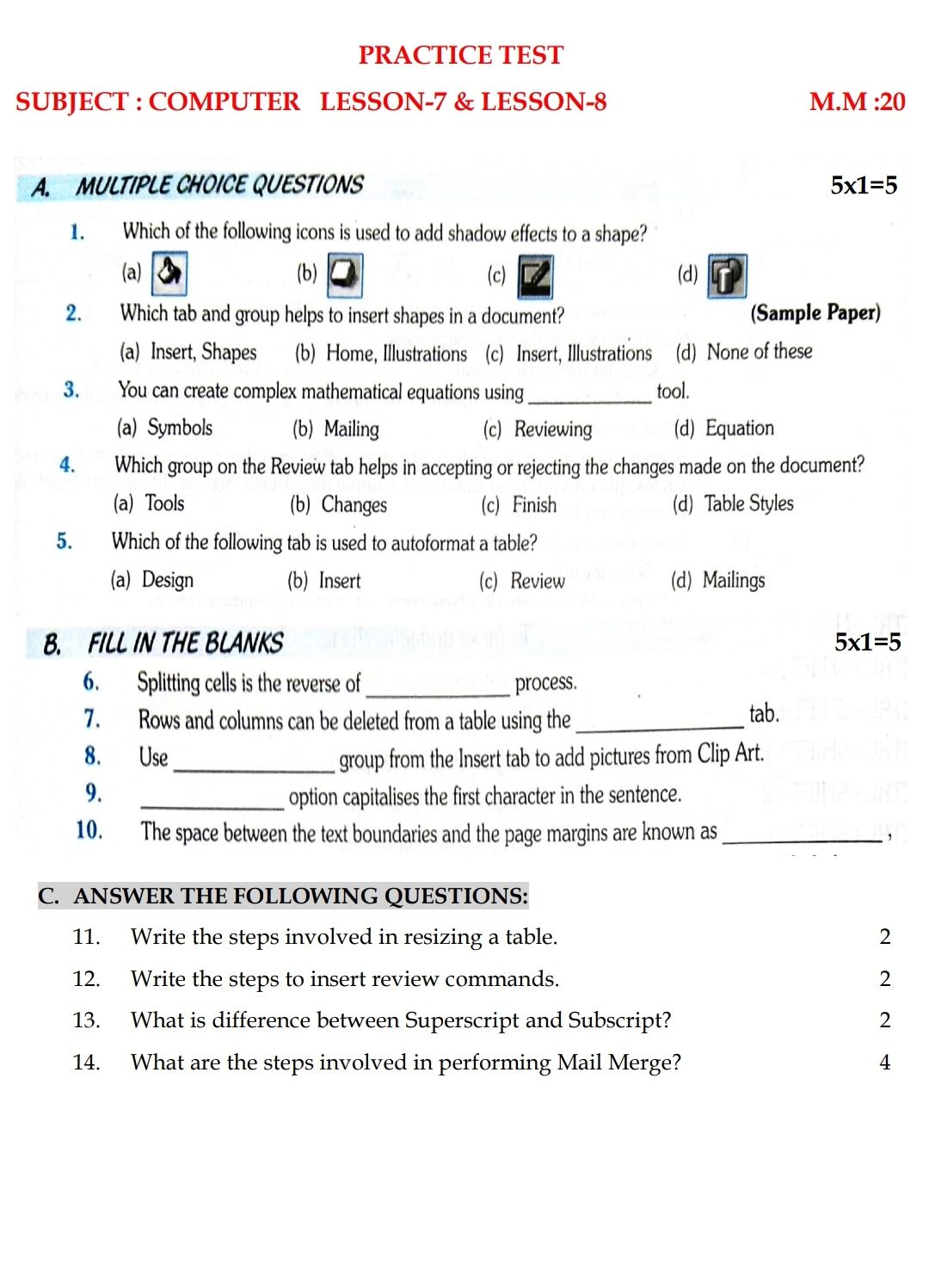 PRACTICE TEST OF LESSON-7 & 8 - COMPUTER APPLICATION - Subjective Test ...