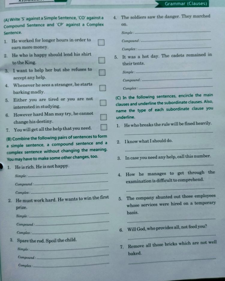 Clauses - English - Assignment - Teachmint