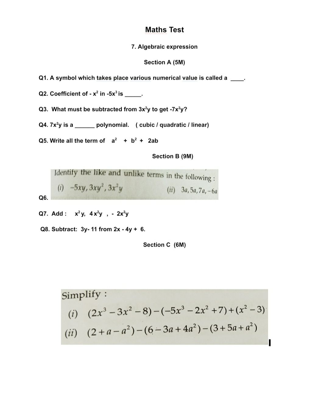 Expression In Math Test Algebraic Expression - Mathematics - Subjective Test - Teachmint