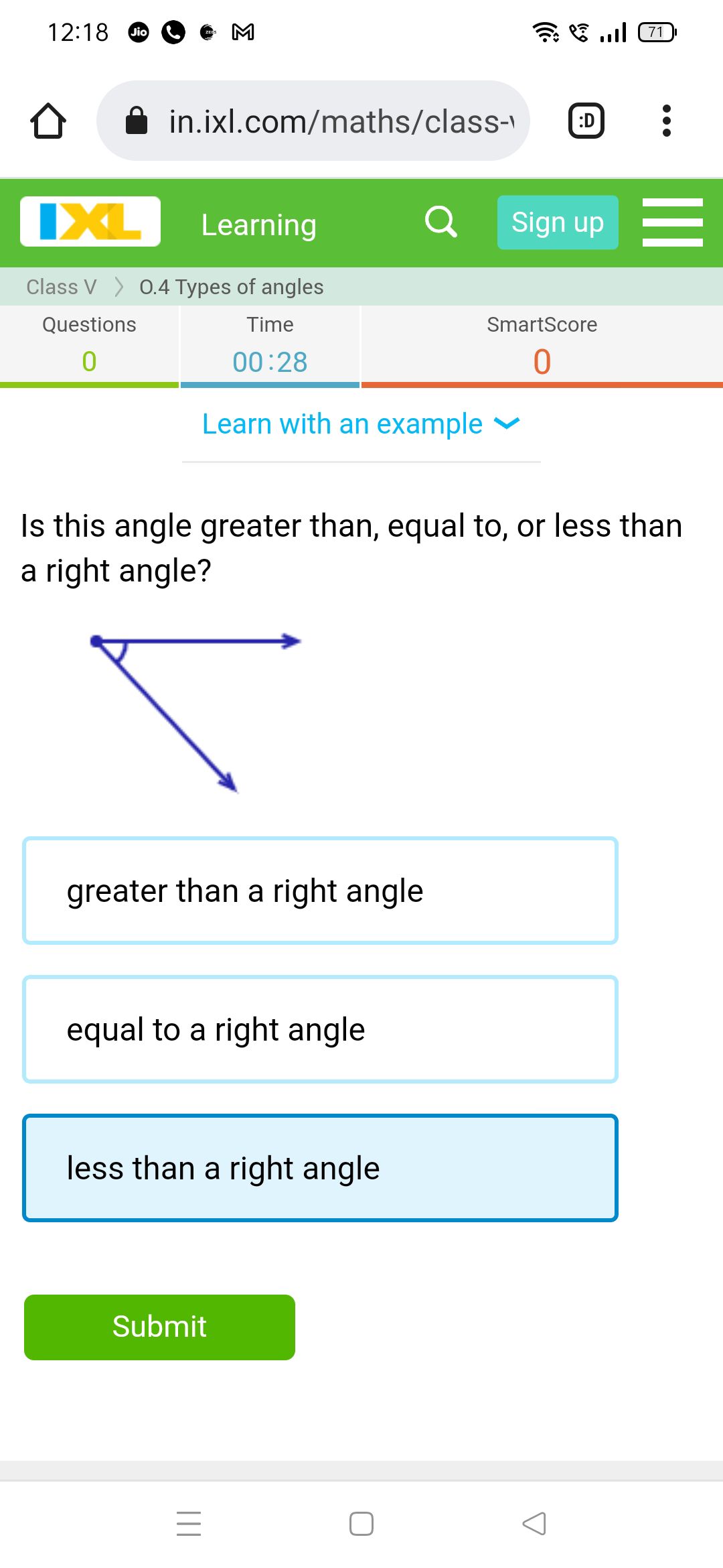 IXL, Angles greater than, less than, or equal to a right angle