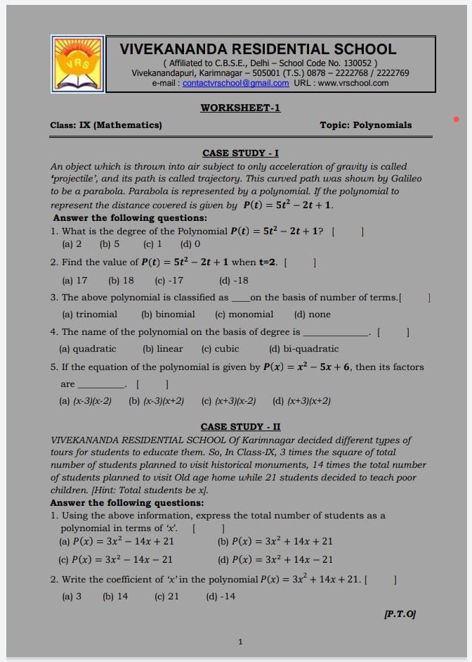 case study questions for class 9 polynomials