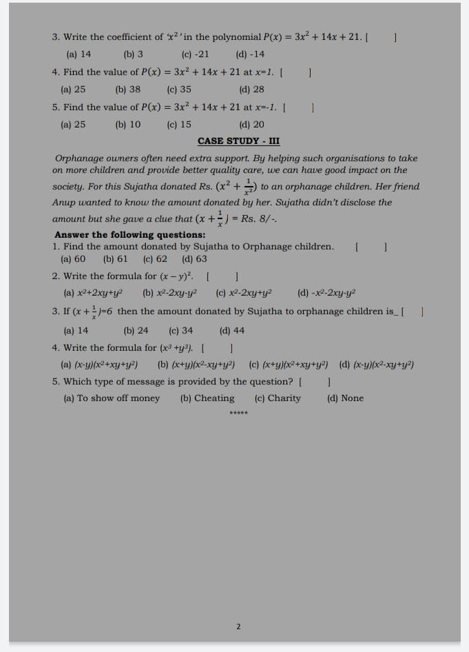 case study questions of polynomials class 9th maths