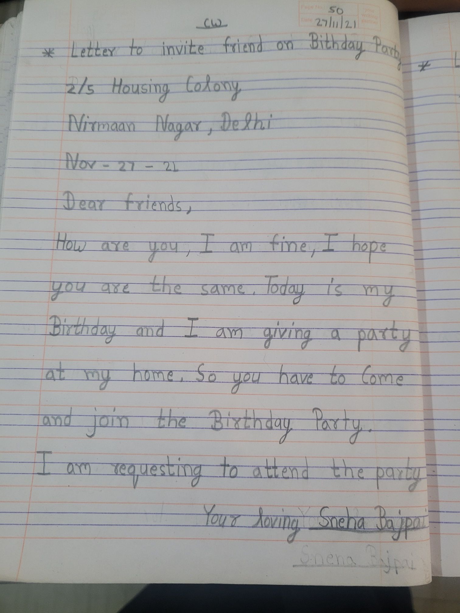 Birthday Invitation Letter To Friend For Class 3 | Onvacationswall.com