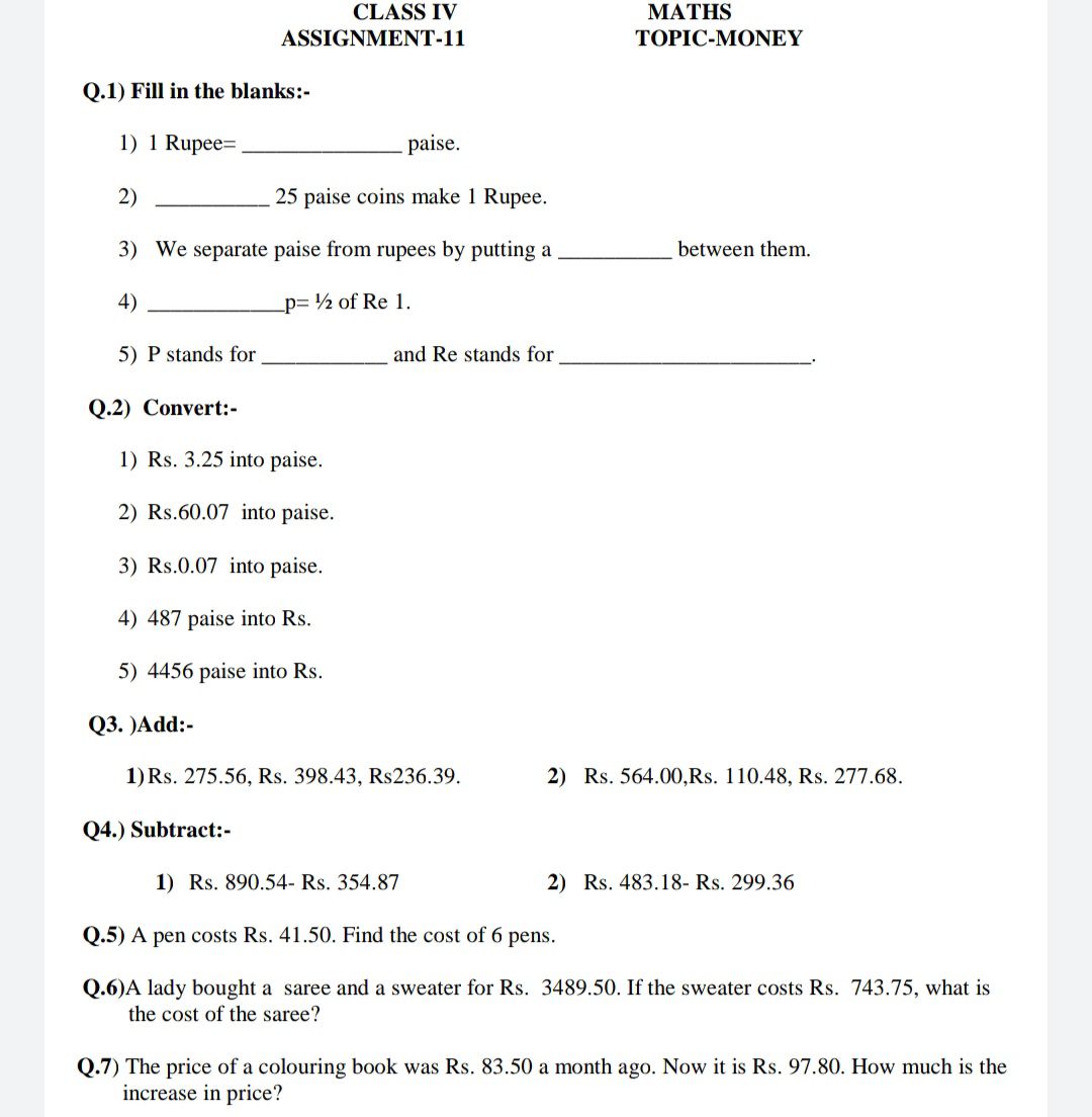 Money - Maths - Subjective Test - Teachmint