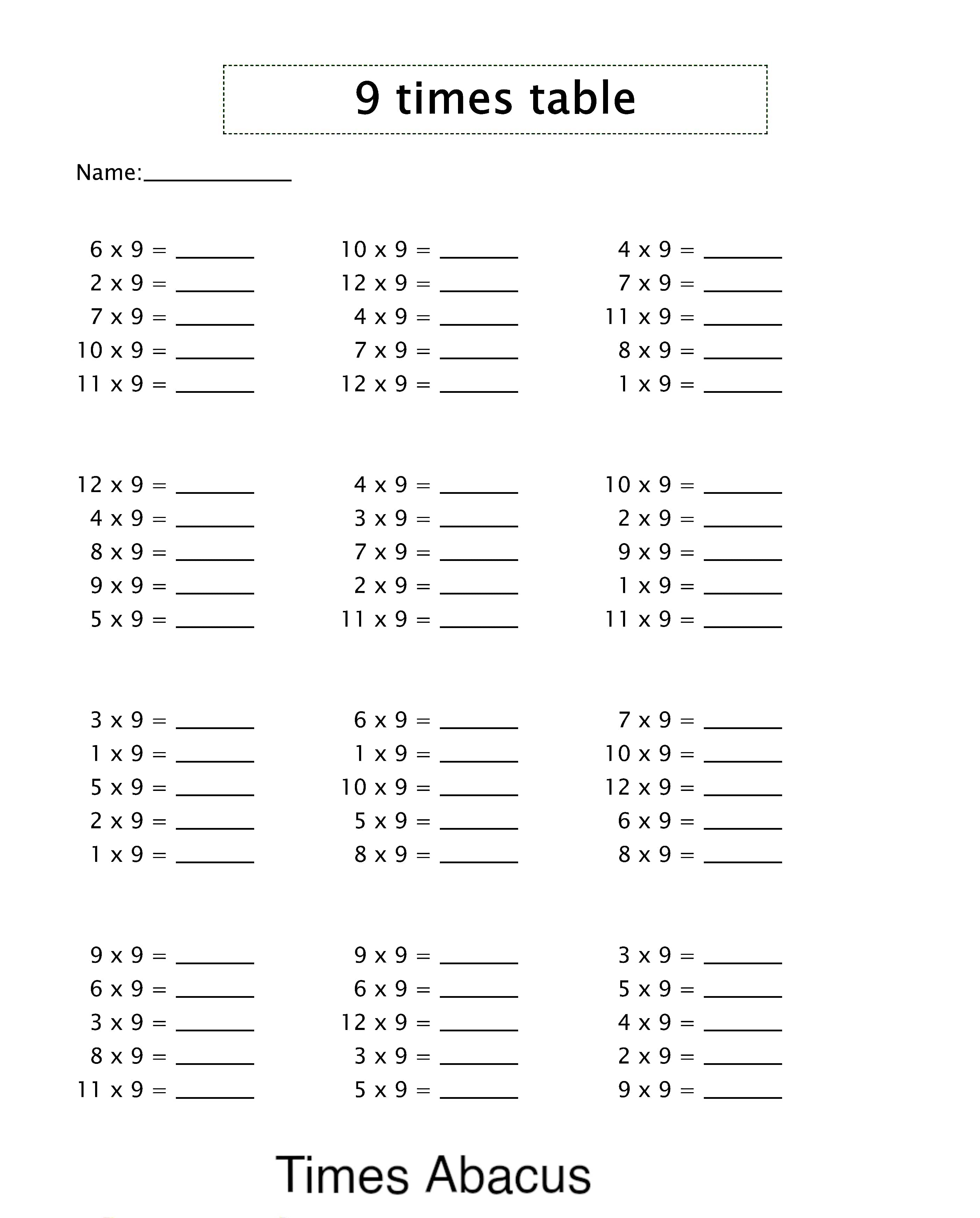 9 Times Tables Test Sheets Elcho Table