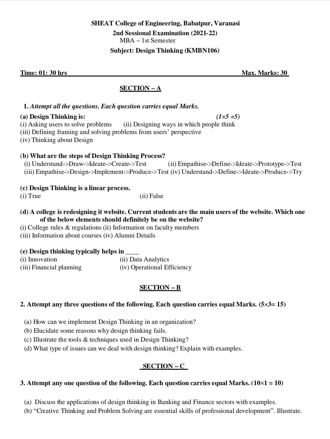 Design Thinking-2nd Sessional - DESIGN THINKING - Subjective Test ...