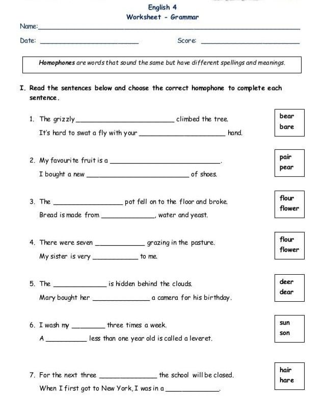 Homophones - English - Assignment - Teachmint