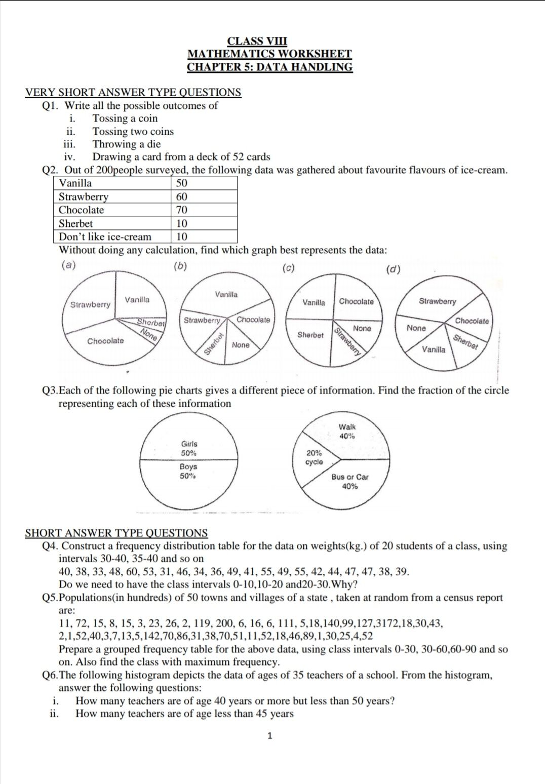 Data Handling Class 7 Worksheets With Answers
