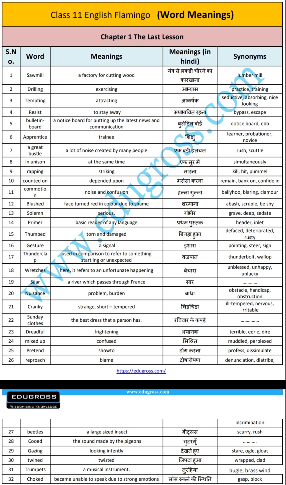 The Last Lesson Word Meaning In Hindi And English