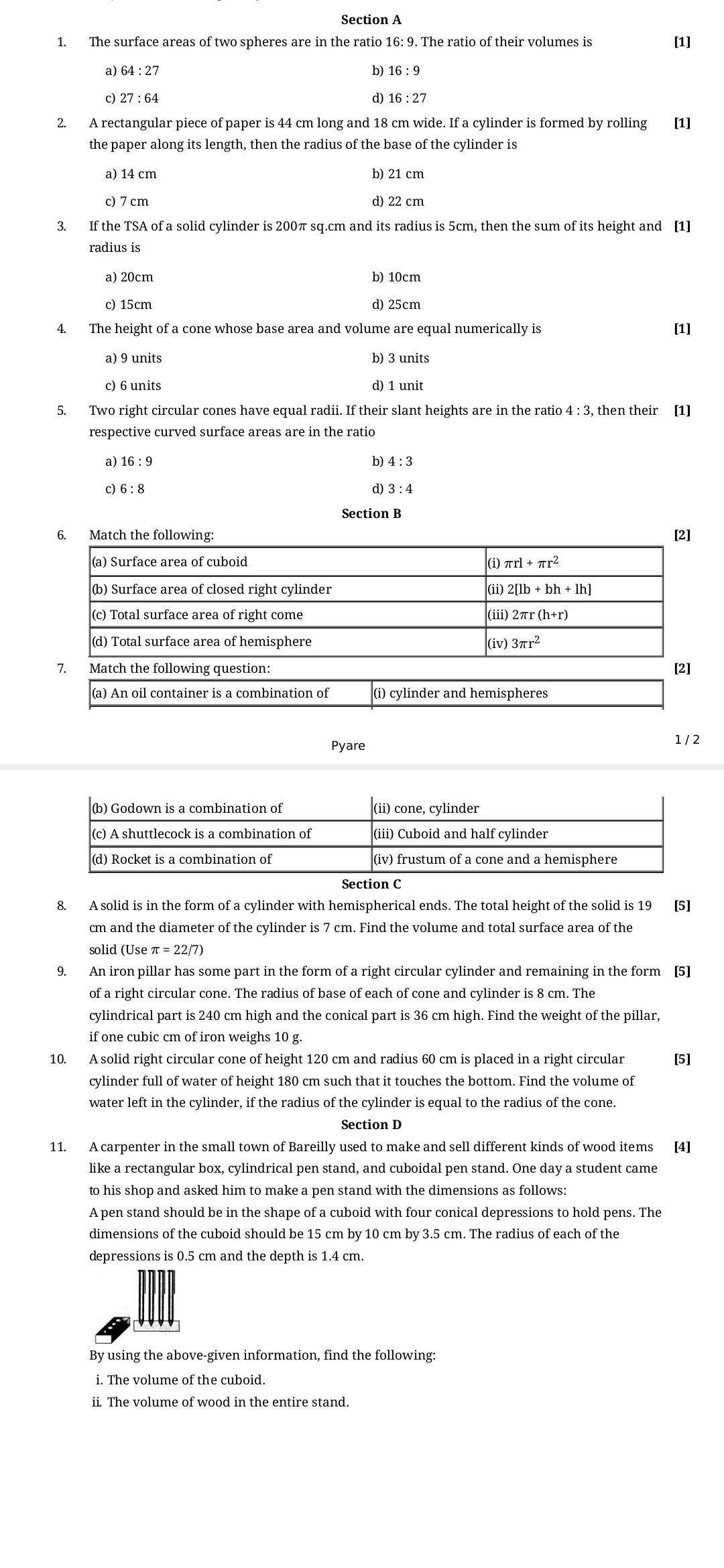 SURFACE Area And Volume - Maths - Assignment - Teachmint