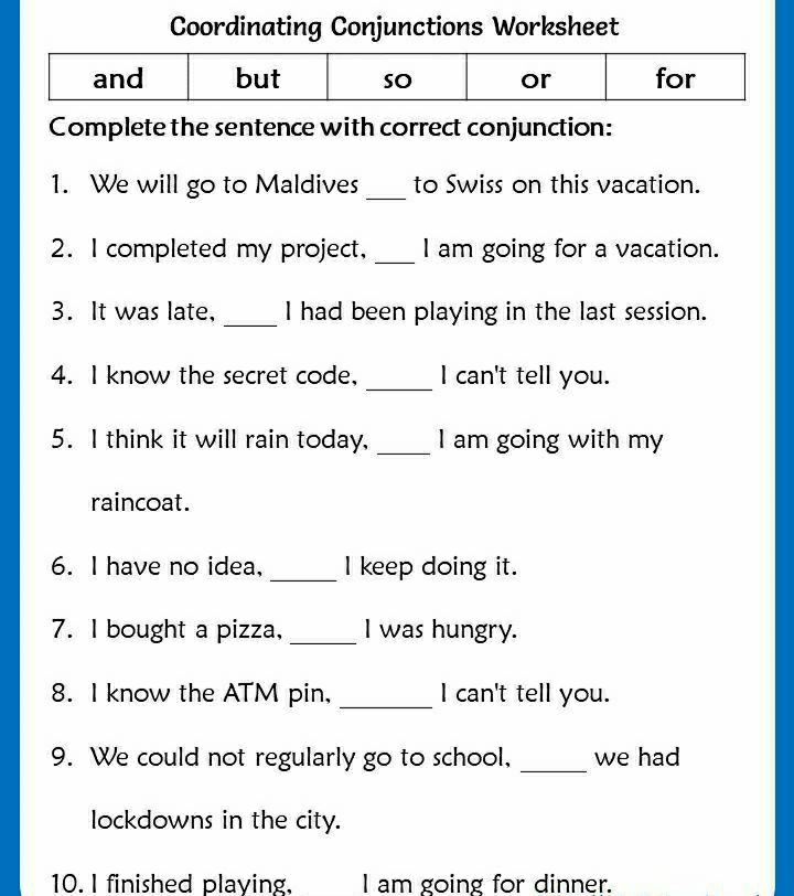 Worksheet For Conjunctions For Class 4