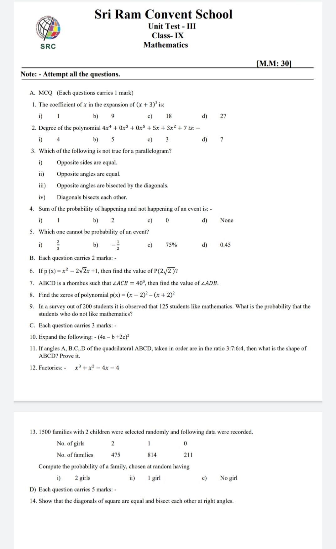 Ut Math Class Answer UT-3 MATHEMATICS - Mathematics - Subjective Test - Teachmint