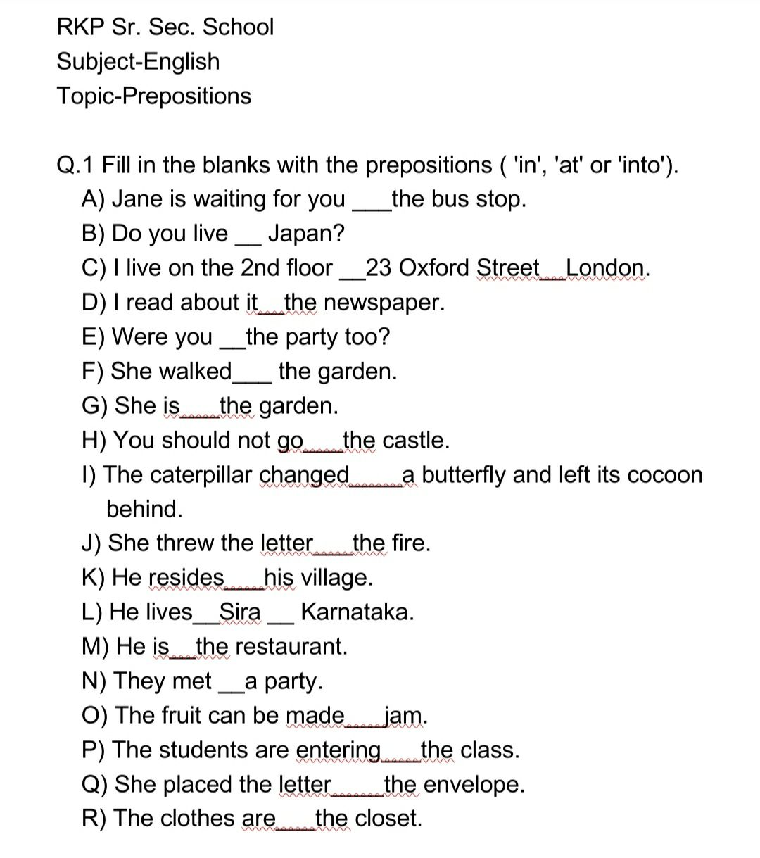 Prepositions - English - Assignment - Teachmint