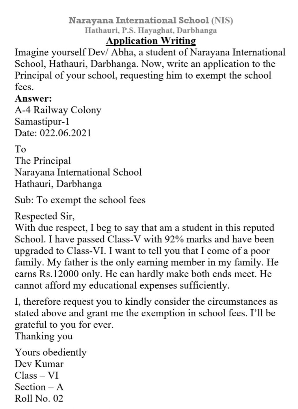 An Application To The Principal To Exempt The School Fees English 