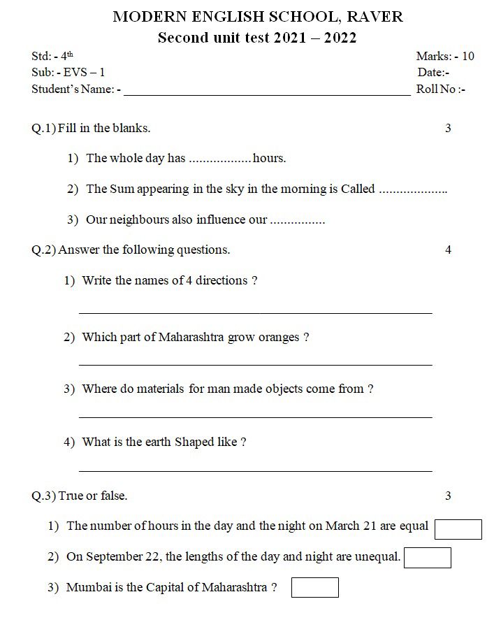 Std 4 Th Evs Subjective Test Teachmint