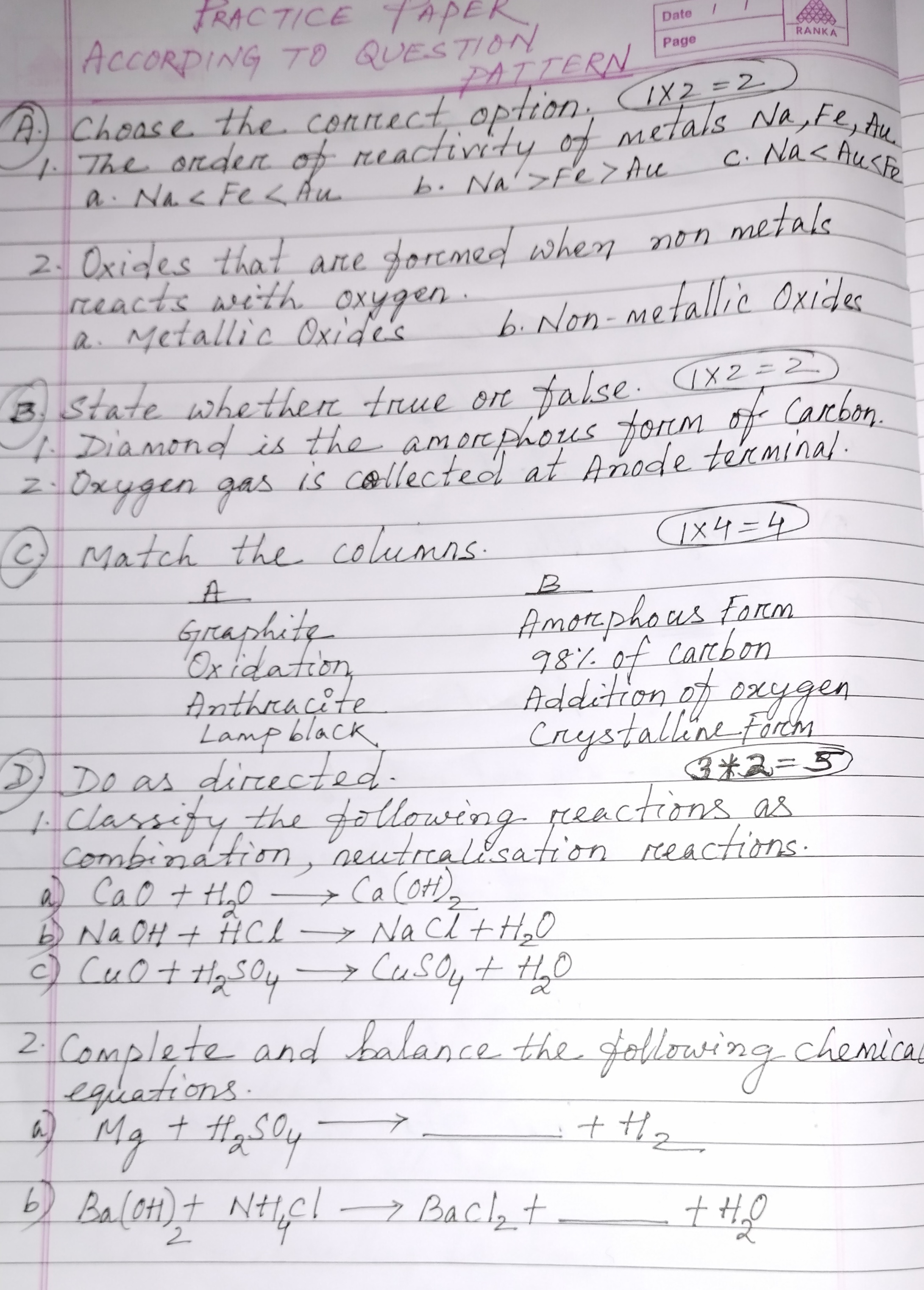 Practice Paper Pg 1 - Chemistry - Notes - Teachmint