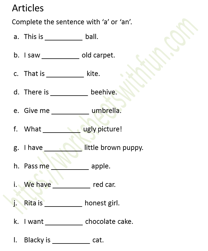 English Articles Worksheet For Grade 2