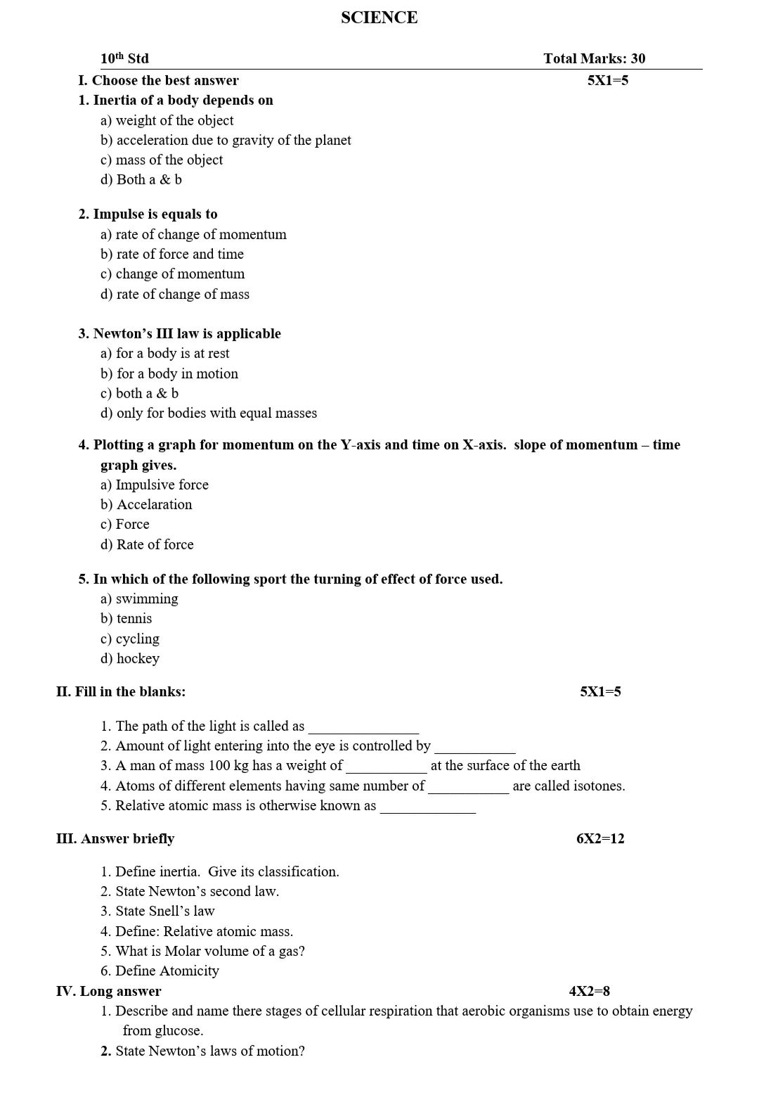 Science Test - Science - Subjective Test - Teachmint