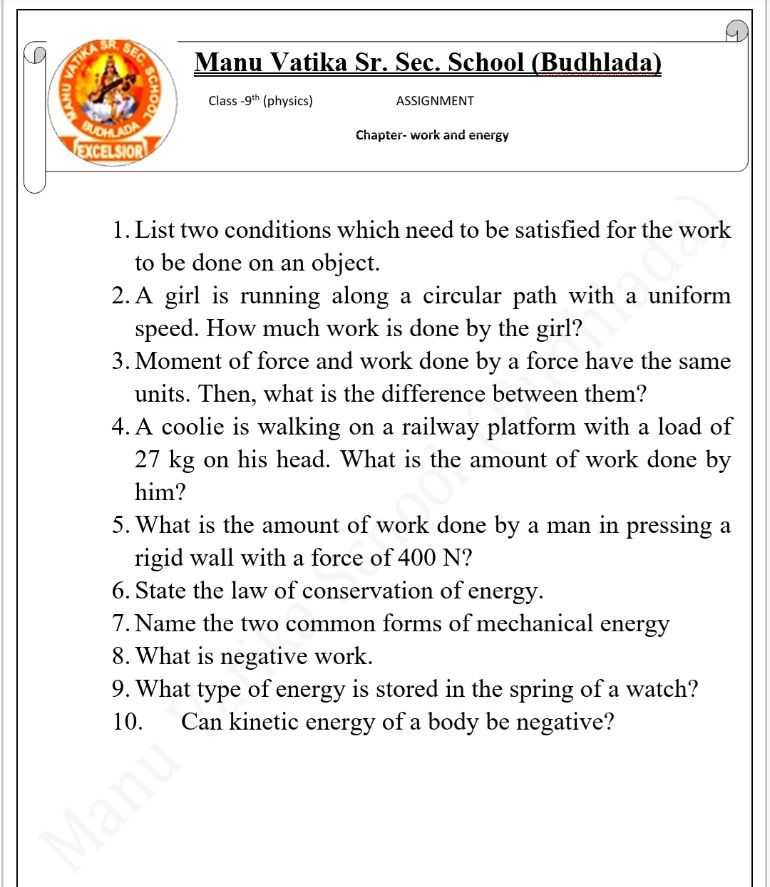 work and energy assignment class 9