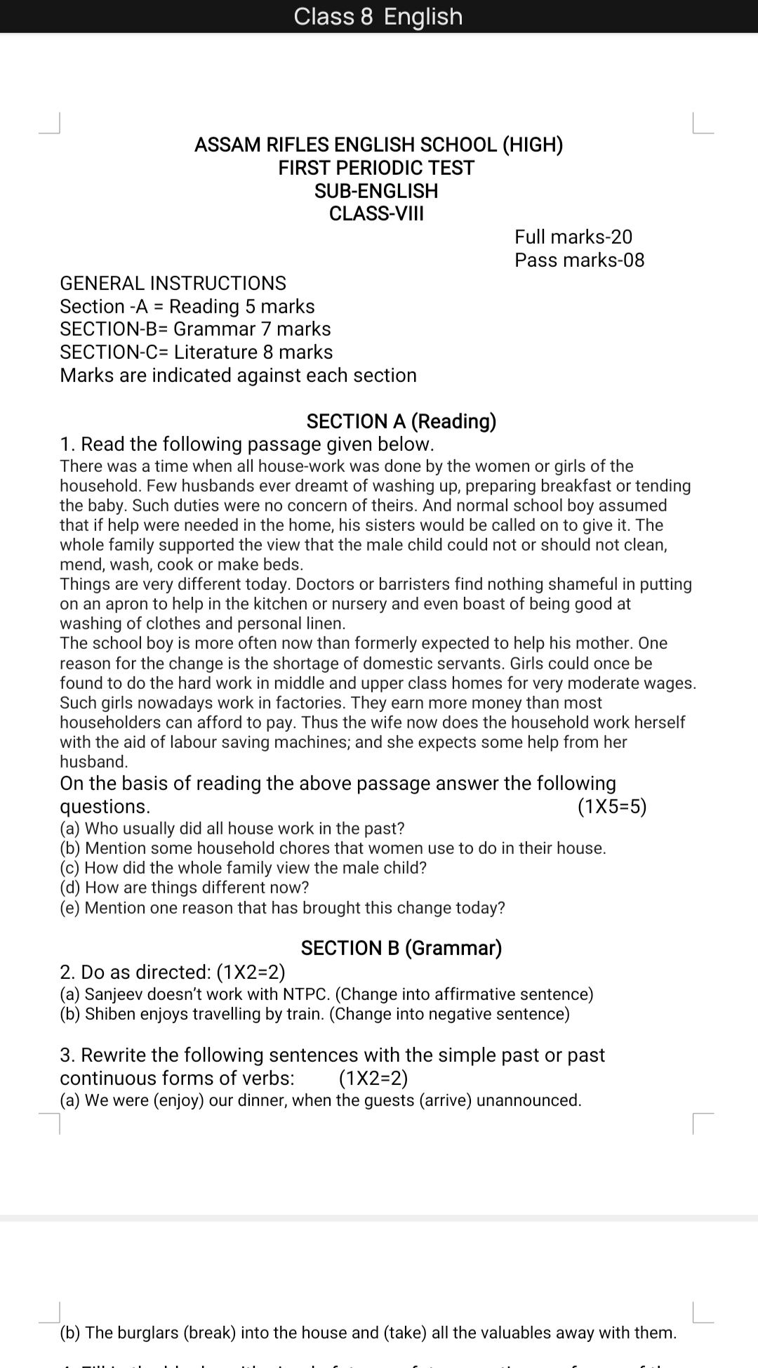 2nd Unit Test - English Language - Subjective Test - Teachmint