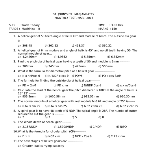Machine - Trade Theory - Assignment - Teachmint