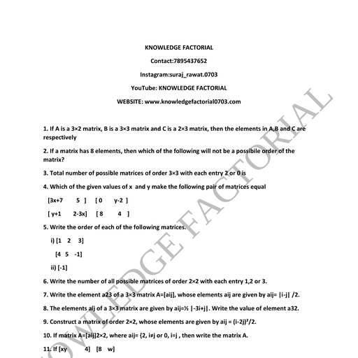 MATRICES PART 1 - MATHEMATICS - Assignment - Teachmint