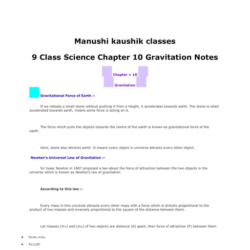 Class 9 Gravitation Force - Maths And Science - Free PDF Download 2026