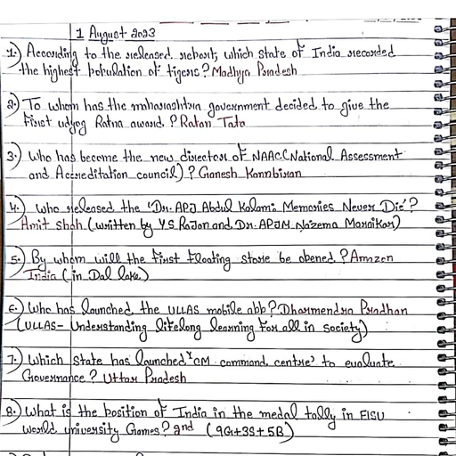 CURRENT AFFAIRS AUGUST.pd - For All Govt Jobs - Notes - Teachmint